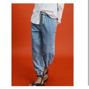 Zara Blue Denim Elastic Waist Drawstring Joggers